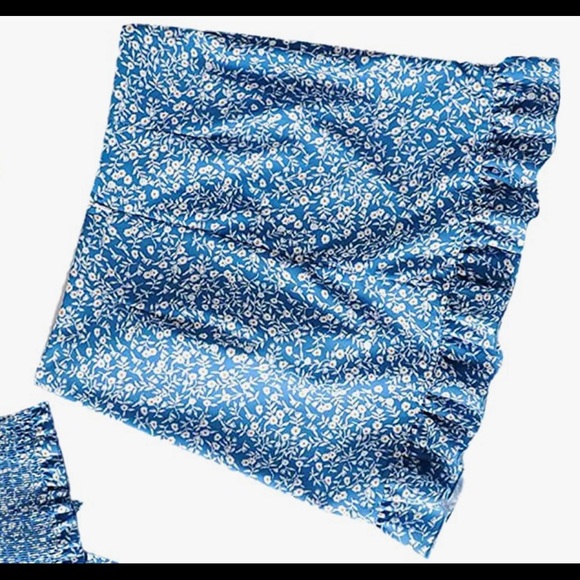 Frill Trim Shirred Tube Crop Top set matching ruffle skirt Blue floral 1XL Plus - Picture 7 of 9